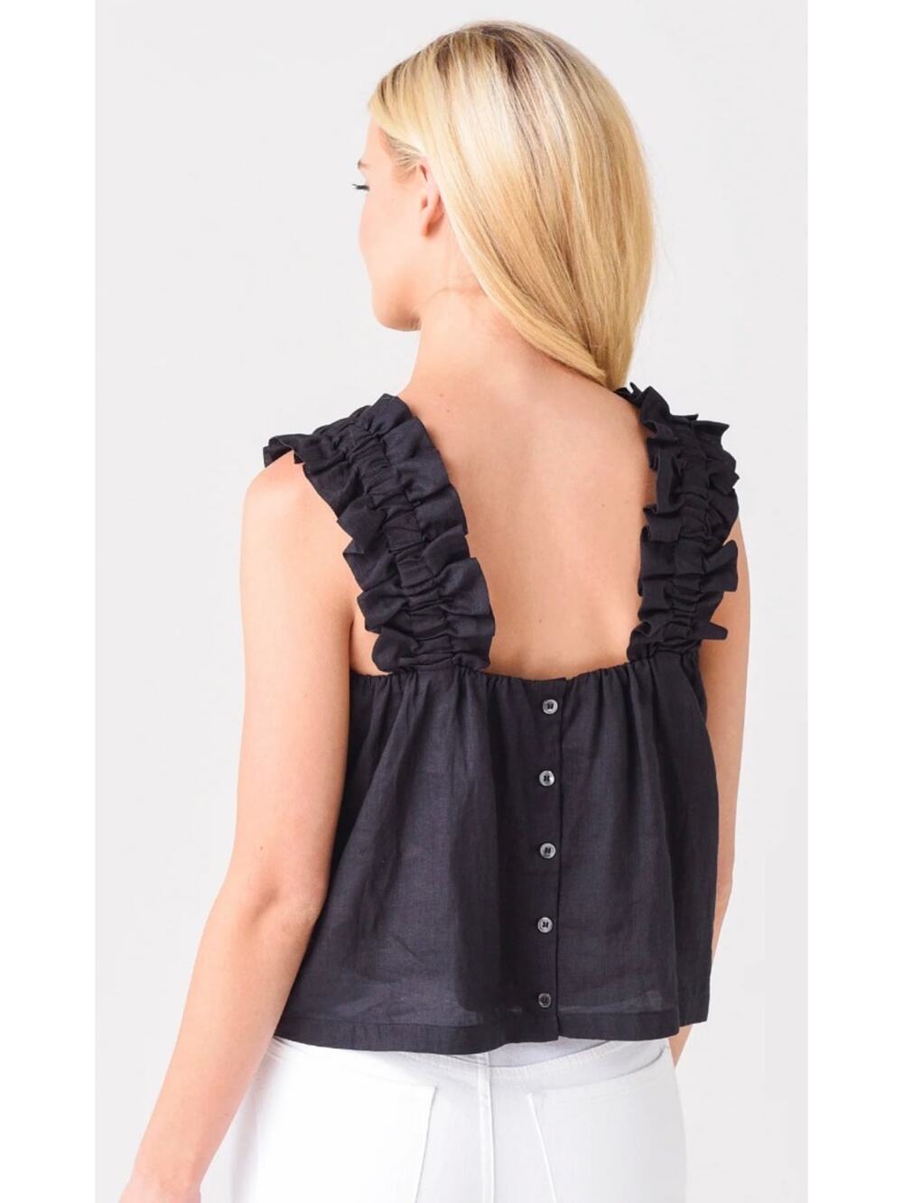 FRAME Ruffle Strap Linen Blend Square-Neck Button Back Tank in Navy, Med